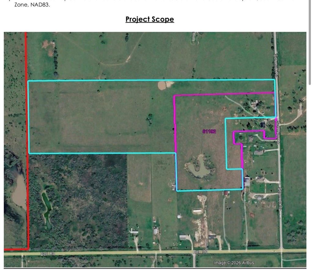A parcel survey diagram over aerial imagery showing the two property boundaries, the pond, and the Schmidt Road and Bell Road frontage